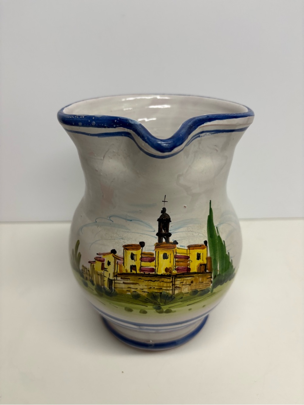 Vintage Hand Painted Ceramic Wine Pitcher From Italy Tuscan Village
